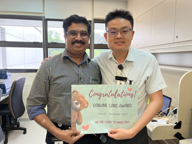  ​(From left) Dr Sridhar Arunachalam at the mini surprise event for Genuine Care winner, Dr Alvin Ngeow.