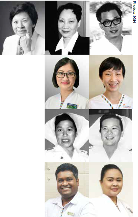  ​(Clockwise from top left) Ms Sylvia Cheang, Director, Nursing (1984-2002); Ms Kwok Moon Hoe, Operating Theatre Manager (1996-2003); Mr Bernard Soo, Principal Nursing Officer (1981-1984); Ms Esther Monica Fan, Nurse Clinician, Nursing Innovation and Transformation; Ms Ti Sui Tsu, SGH Matron (1961-1970); Ms Jumaiah Jumari, Nurse Educator, Institute of Advanced Nursing; Mr Shashi Chandra Segaram, Nurse Clinician, Emergency Medicine; Ms Lim Kwee Neo, SGH Matron (1958-1961); and Ms Xu Yi, Senior Nurse Clinician (Community Nurse).