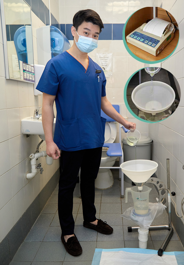  ​Senior Resident Dr Lee Han Jie demonstrates how urine flow is measured with a uroflowmetry machine, used in the clinic. The urine should hit the side of — not directly into — the funnel for data to be recorded correctly. The data are printed out for analysis. 